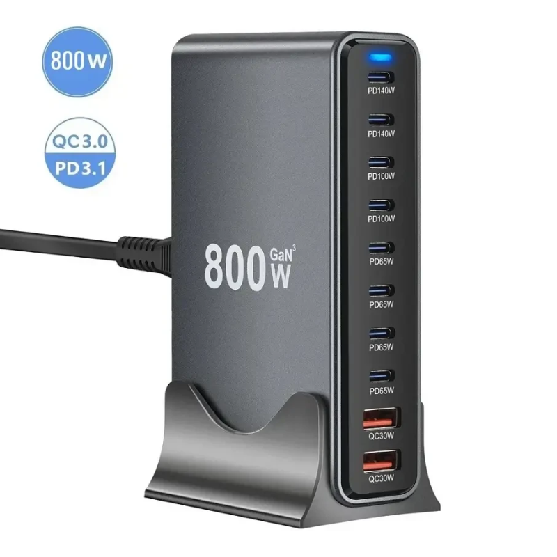 Зарядний пристрій 800W, GaN Pro PD 140W, QC 30W для телефонів, ноутбуків, 8портів USB+Type-C Чорний